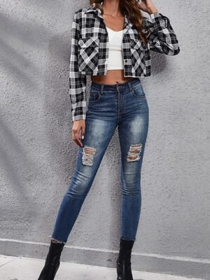 Stylish Basic Plaid Shirt Collar Long Sleeve Regular Tops - Image 4