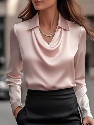 Stylish Basic Plain Shirt Collar Long Sleeve Regular Tops - Image 5
