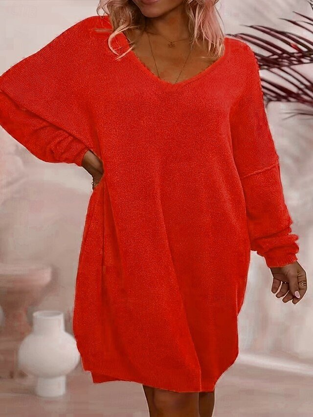Stylish Basic Regular Pure Colour V Neck Long Sleeve Sweater Dress - Image 1