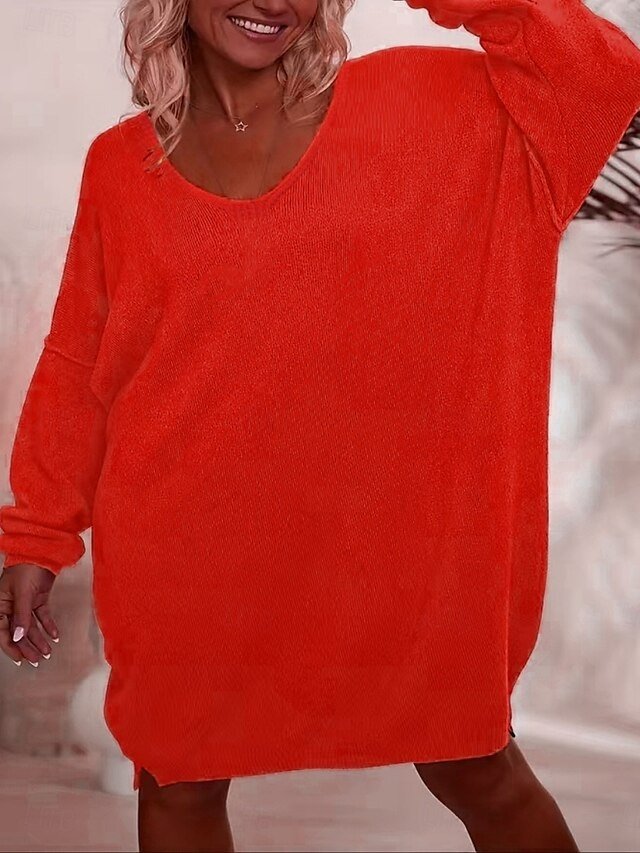 Stylish Basic Regular Pure Colour V Neck Long Sleeve Sweater Dress - Image 2