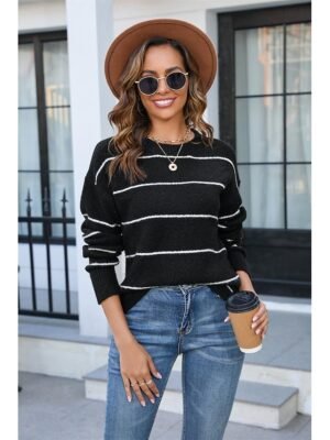 Stylish Basic Striped Crew Neck Long Sleeve Tops - Image 9