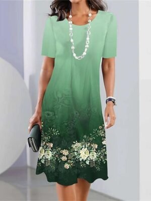 Stylish Casual Floral Crew Neck Short Sleeve Midi Dress - Image 2