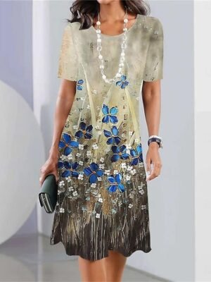 Stylish Casual Floral Crew Neck Short Sleeve Midi Dress - Image 3