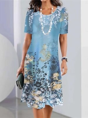 Stylish Casual Floral Crew Neck Short Sleeve Midi Dress - Image 4