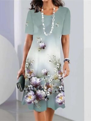 Stylish Casual Floral Crew Neck Short Sleeve Midi Dress - Image 5