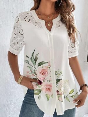 Stylish Casual Floral Shirt Collar Short Sleeve Regular Blouse - Image 1