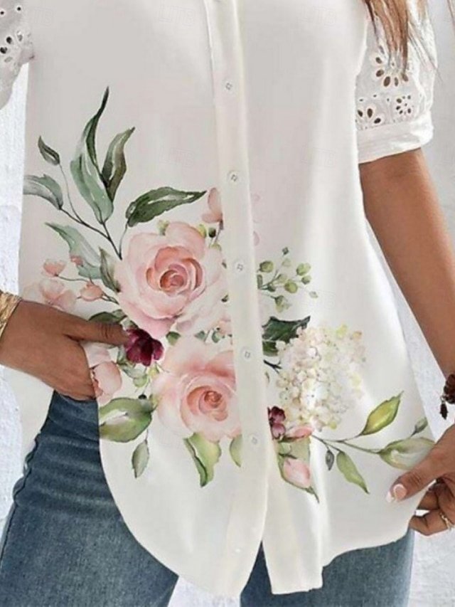 Stylish Casual Floral Shirt Collar Short Sleeve Regular Blouse - Image 2