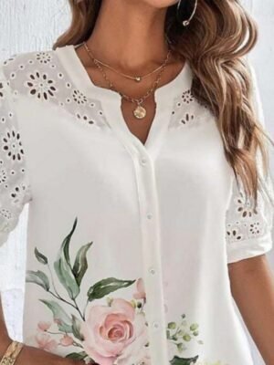 Stylish Casual Floral Shirt Collar Short Sleeve Regular Blouse - Image 3