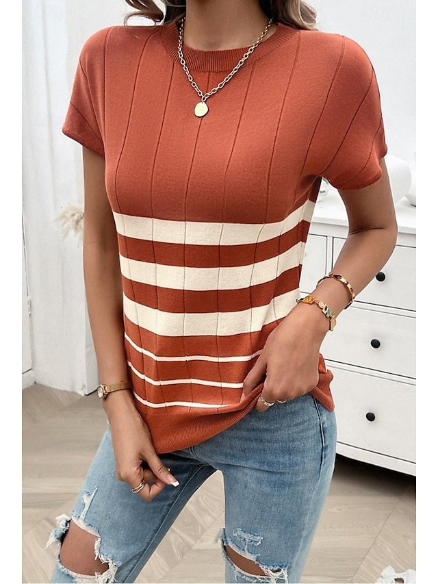 Stylish Casual Loose Colour Block Crew Neck Short Sleeve Tunic - Image 1