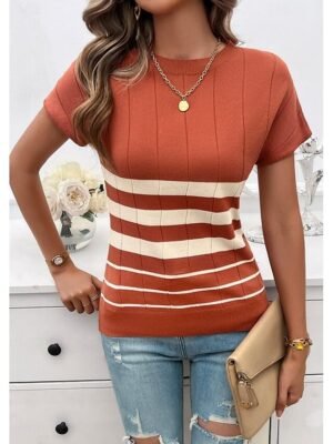 Stylish Casual Loose Colour Block Crew Neck Short Sleeve Tunic - Image 3