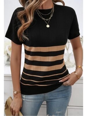 Stylish Casual Loose Colour Block Crew Neck Short Sleeve Tunic - Image 4