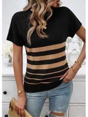 Stylish Casual Loose Colour Block Crew Neck Short Sleeve Tunic - Image 5