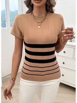 Stylish Casual Loose Colour Block Crew Neck Short Sleeve Tunic - Image 6