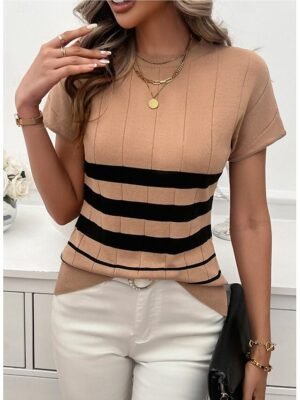 Stylish Casual Loose Colour Block Crew Neck Short Sleeve Tunic - Image 7