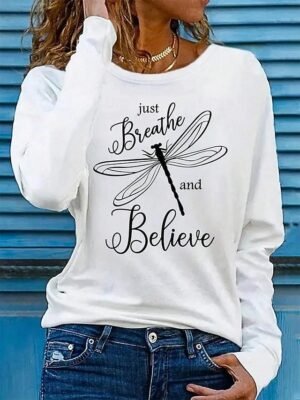 Stylish Casual Loose White Round Neck Long Sleeve T-Shirt - Image 1
