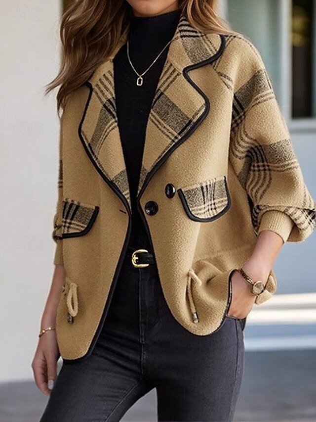 Stylish Casual Plaid Shirt Collar Raglan Long Sleeve Knit Cardigan - Image 2