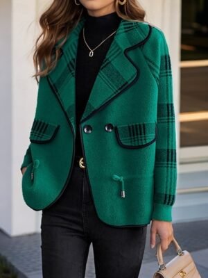 Stylish Casual Plaid Shirt Collar Raglan Long Sleeve Knit Cardigan - Image 5