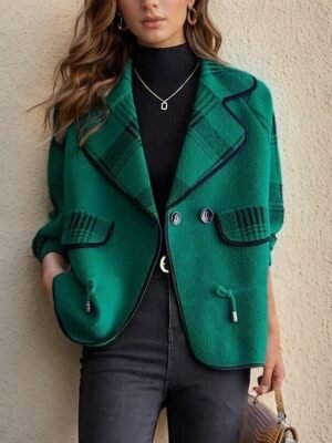 Stylish Casual Plaid Shirt Collar Raglan Long Sleeve Knit Cardigan - Image 6