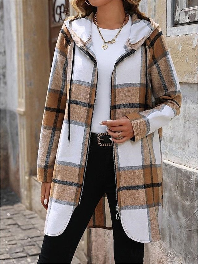 Stylish Casual Regular Fit Stripes and Plaid Hoodie Long Sleeve Long Coat - Image 1