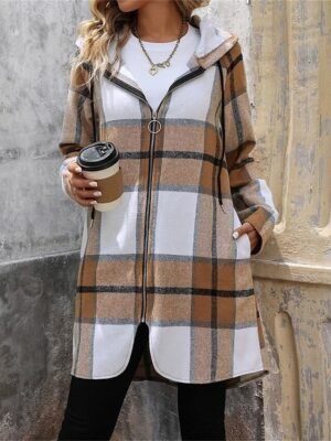 Stylish Casual Regular Fit Stripes and Plaid Hoodie Long Sleeve Long Coat - Image 4