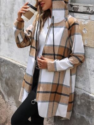 Stylish Casual Regular Fit Stripes and Plaid Hoodie Long Sleeve Long Coat - Image 5