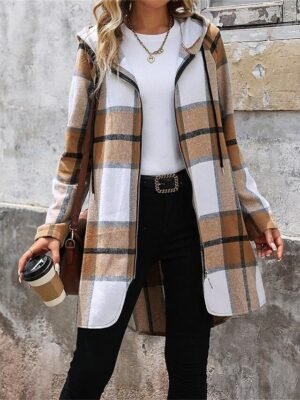 Stylish Casual Regular Fit Stripes and Plaid Hoodie Long Sleeve Long Coat - Image 7