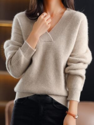 Stylish Casual Regular Solid V Neck Oversized Long Sleeve Knit Jumper - Image 1