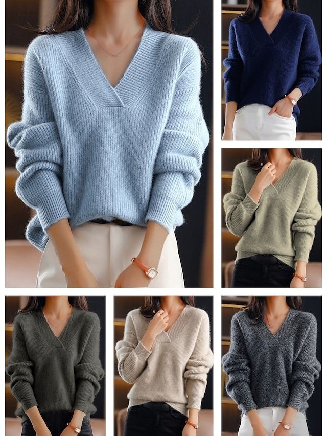 Stylish Casual Regular Solid V Neck Oversized Long Sleeve Knit Jumper - Image 2