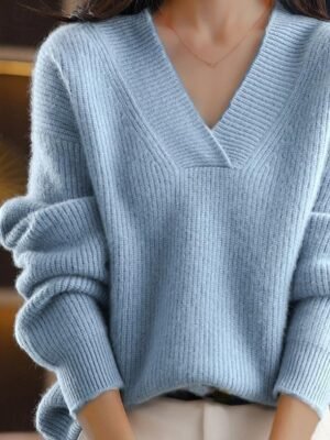 Stylish Casual Regular Solid V Neck Oversized Long Sleeve Knit Jumper - Image 3