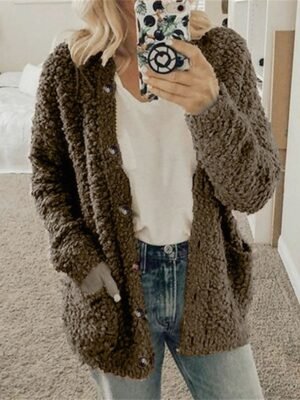 Stylish Casual Ribbed Cowl Long Sleeve Knit Cardigan - Image 6