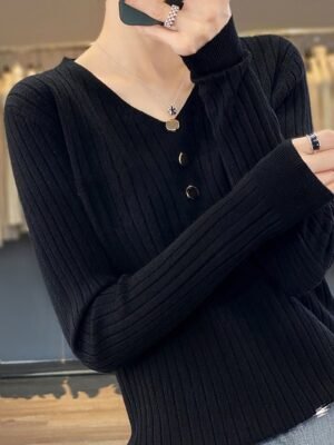Stylish Casual Soft Solid V Neck Button Long Sleeve Regular Jumper - Image 11