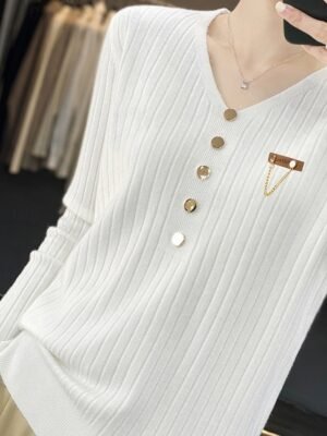 Stylish Casual Soft Solid V Neck Button Long Sleeve Regular Jumper - Image 13