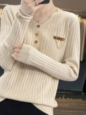 Stylish Casual Soft Solid V Neck Button Long Sleeve Regular Jumper - Image 3