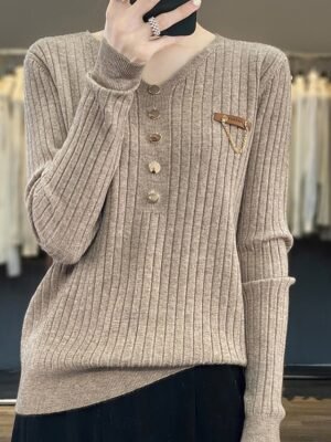Stylish Casual Soft Solid V Neck Button Long Sleeve Regular Jumper - Image 4