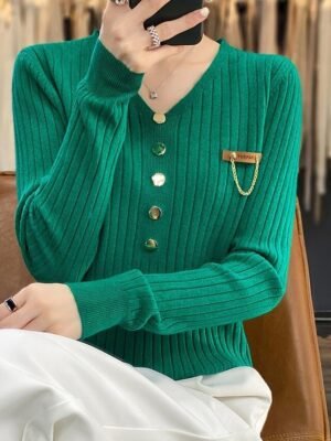 Stylish Casual Soft Solid V Neck Button Long Sleeve Regular Jumper - Image 6