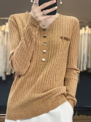 Stylish Casual Soft Solid V Neck Button Long Sleeve Regular Jumper - Image 7