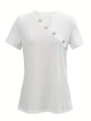 Stylish Casual Solid Asymmetric Neck Short Sleeve Regular Tops - Image 2