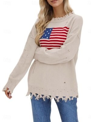 Stylish Casual Solid Crew Neck Print Drop Shoulder Long Sleeve Knit Top - Image 3