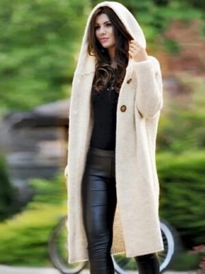 Stylish Casual Solid Hooded Long Sleeve Long Cardigan - Image 3