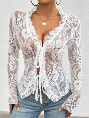 Stylish Casual Solid Lace Long Sleeve Top - Image 1