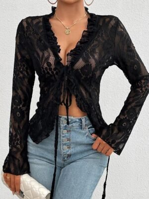 Stylish Casual Solid Lace Long Sleeve Top - Image 10