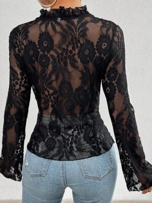 Stylish Casual Solid Lace Long Sleeve Top - Image 11