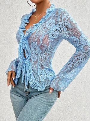 Stylish Casual Solid Lace Long Sleeve Top - Image 13