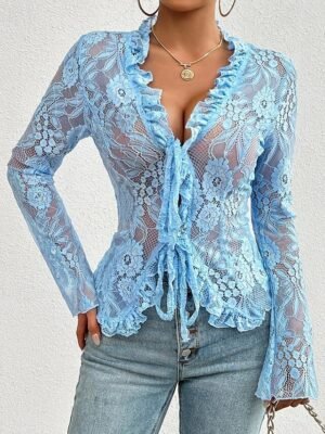 Stylish Casual Solid Lace Long Sleeve Top - Image 14