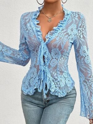 Stylish Casual Solid Lace Long Sleeve Top - Image 15