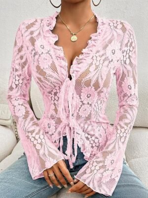 Stylish Casual Solid Lace Long Sleeve Top - Image 17