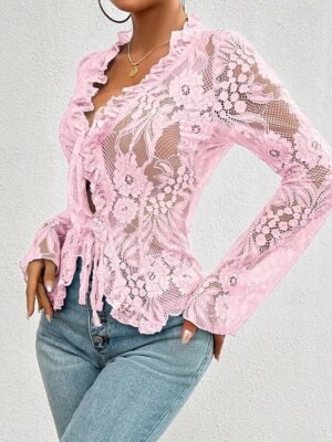 Stylish Casual Solid Lace Long Sleeve Top - Image 18