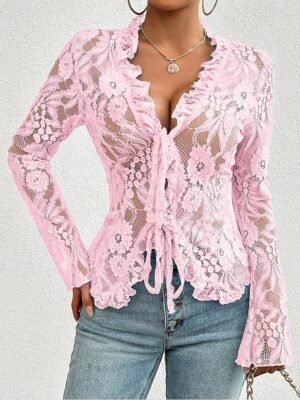 Stylish Casual Solid Lace Long Sleeve Top - Image 19
