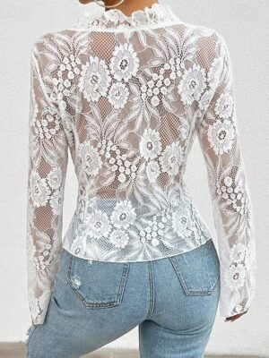 Stylish Casual Solid Lace Long Sleeve Top - Image 2