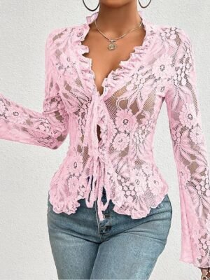 Stylish Casual Solid Lace Long Sleeve Top - Image 20
